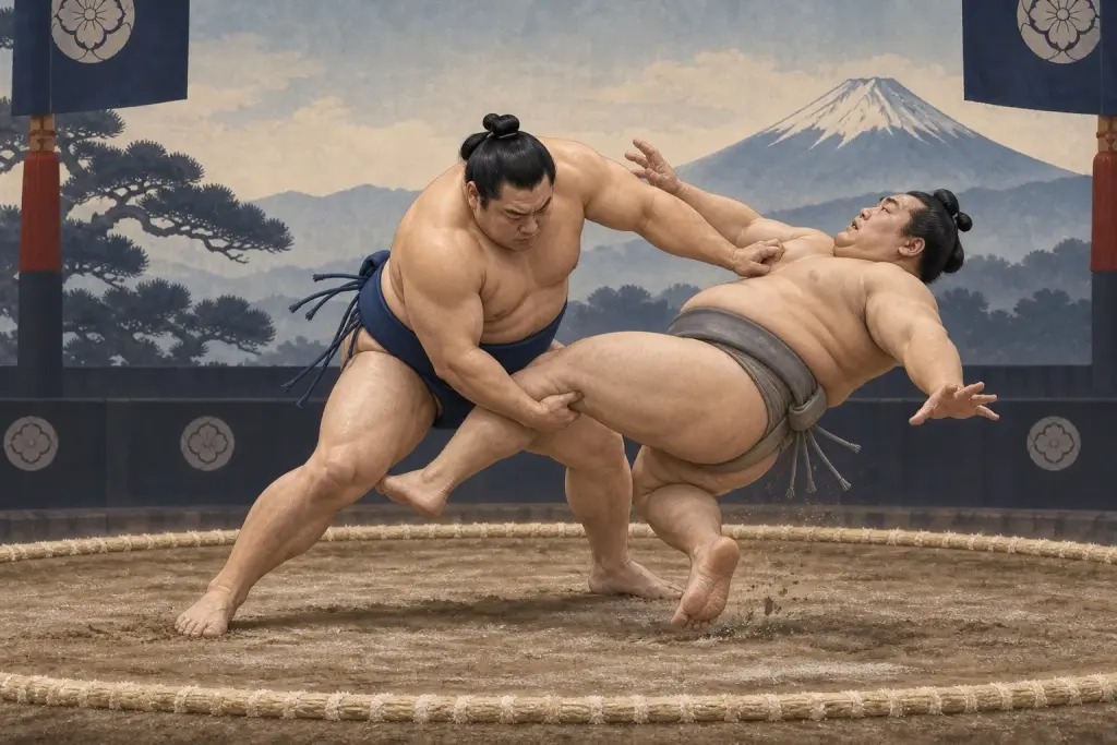 Two sumo wrestlers demonstrate Komatasukui, as a hand catches the inside of the newly advanced thigh during a throwing exchange