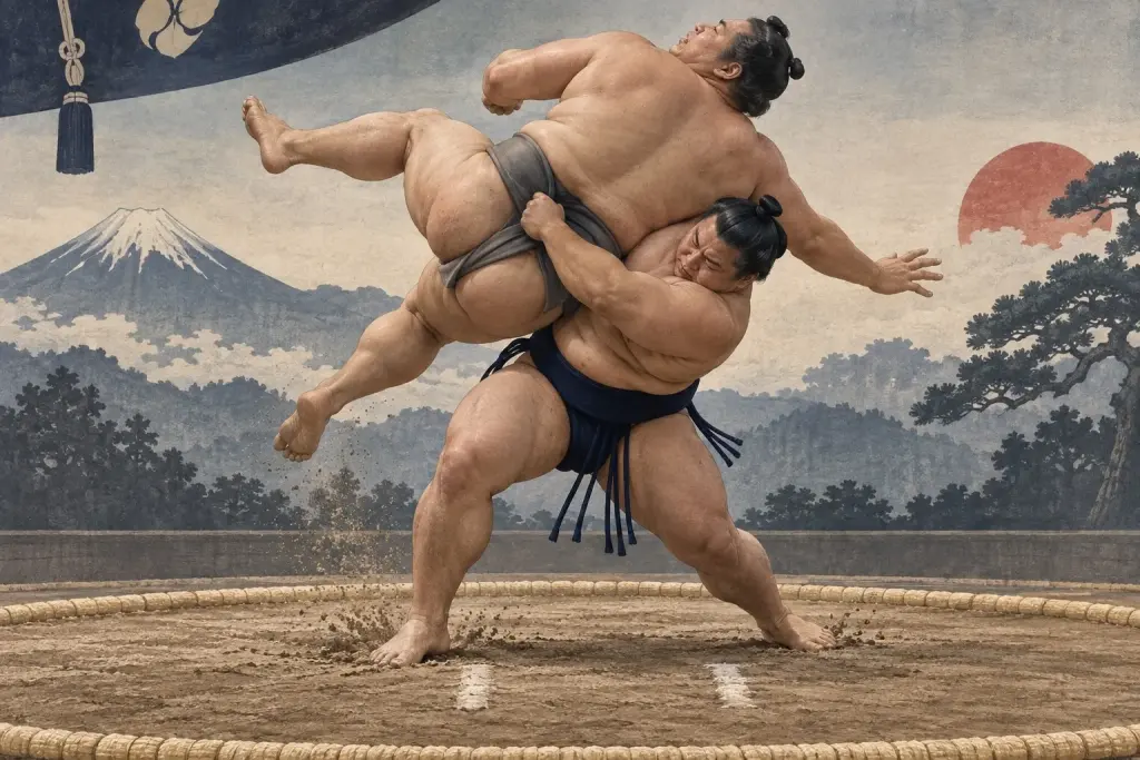 Two sumo wrestlers demonstrate Koshinage, as the attacker’s hip becomes the fulcrum beneath the opponent’s center