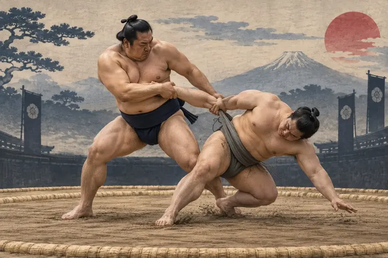 Two sumo wrestlers demonstrate Kotehineri, as the belt grip stabilizes the body while the other hand turns the arm