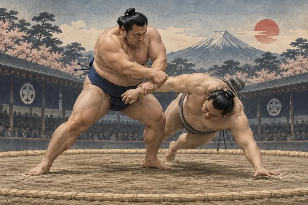 Two sumo wrestlers demonstrate Kotenage, as the trapped forearm and elbow become the lever for the throw