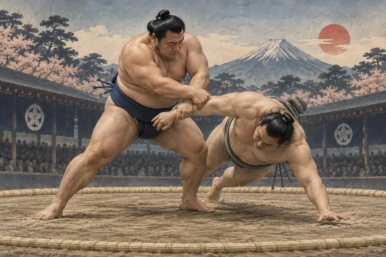 Two sumo wrestlers demonstrate Kotenage, as the trapped forearm and elbow become the lever for the throw