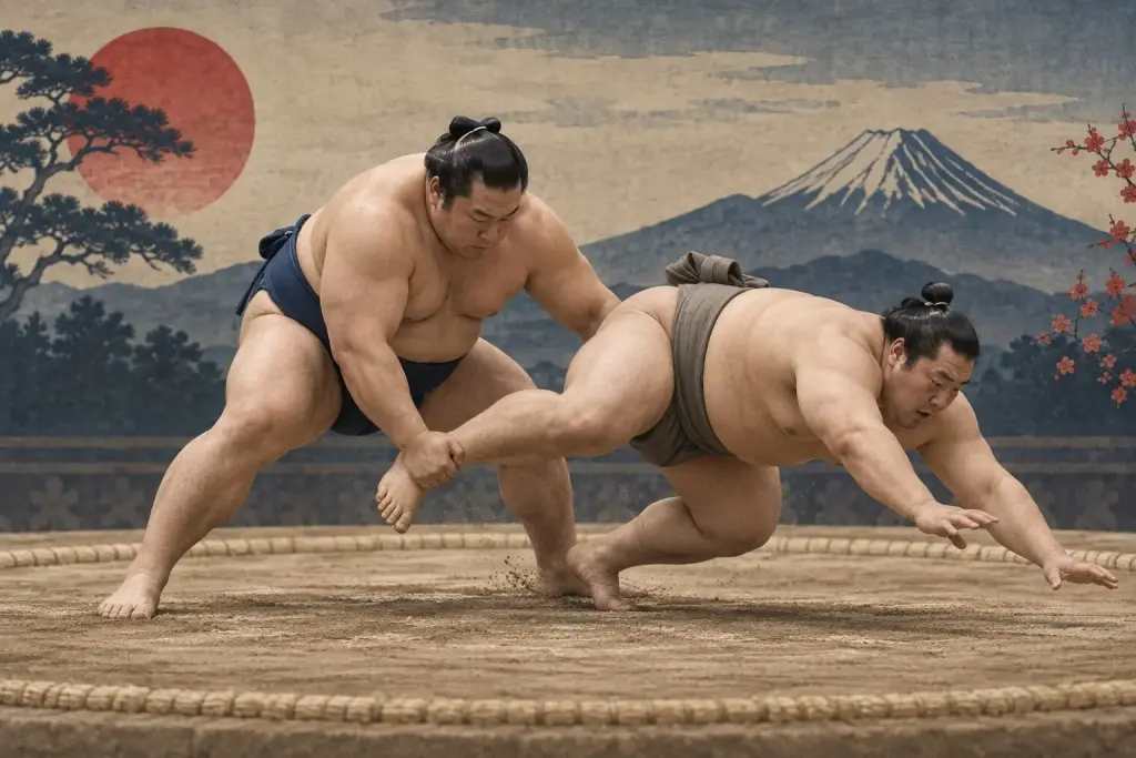 Two sumo wrestlers demonstrate Kozumatori, as the hand closes at the front of the ankle rather than on the toes or whole leg