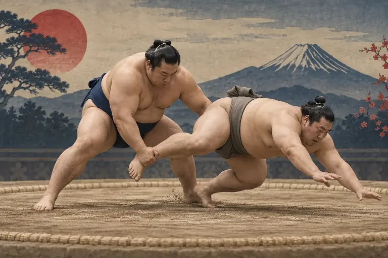 Two sumo wrestlers demonstrate Kozumatori, as the hand closes at the front of the ankle rather than on the toes or whole leg