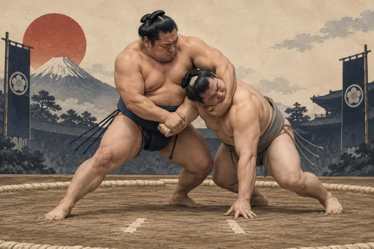 Two sumo wrestlers demonstrate Kubihineri, as neck wrapping and arm control oppose each other to create the turn
