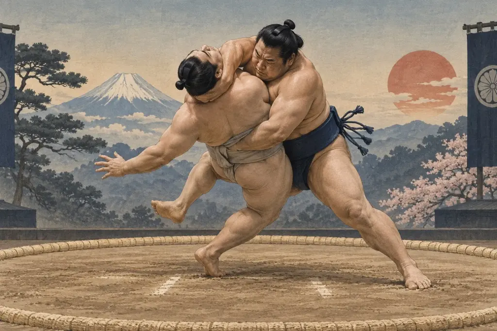 Two sumo wrestlers demonstrate Kubinage, as neck control and the inserted hip combine to create the rotation
