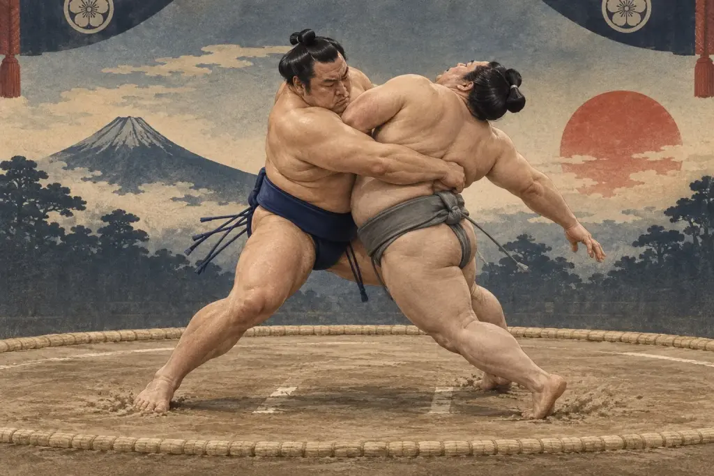 Two sumo wrestlers demonstrate Makiotoshi, as the arm encircles the body under the armpit as the attacker turns with the opponent’s momentum