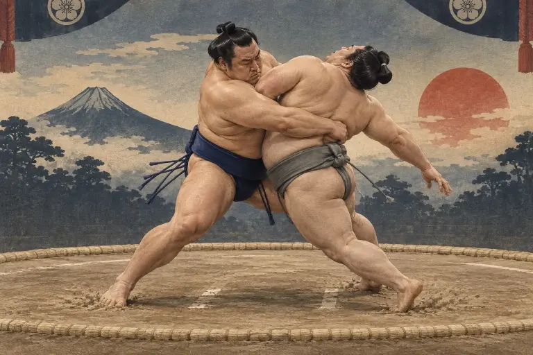 Two sumo wrestlers demonstrate Makiotoshi, as the arm encircles the body under the armpit as the attacker turns with the opponent’s momentum