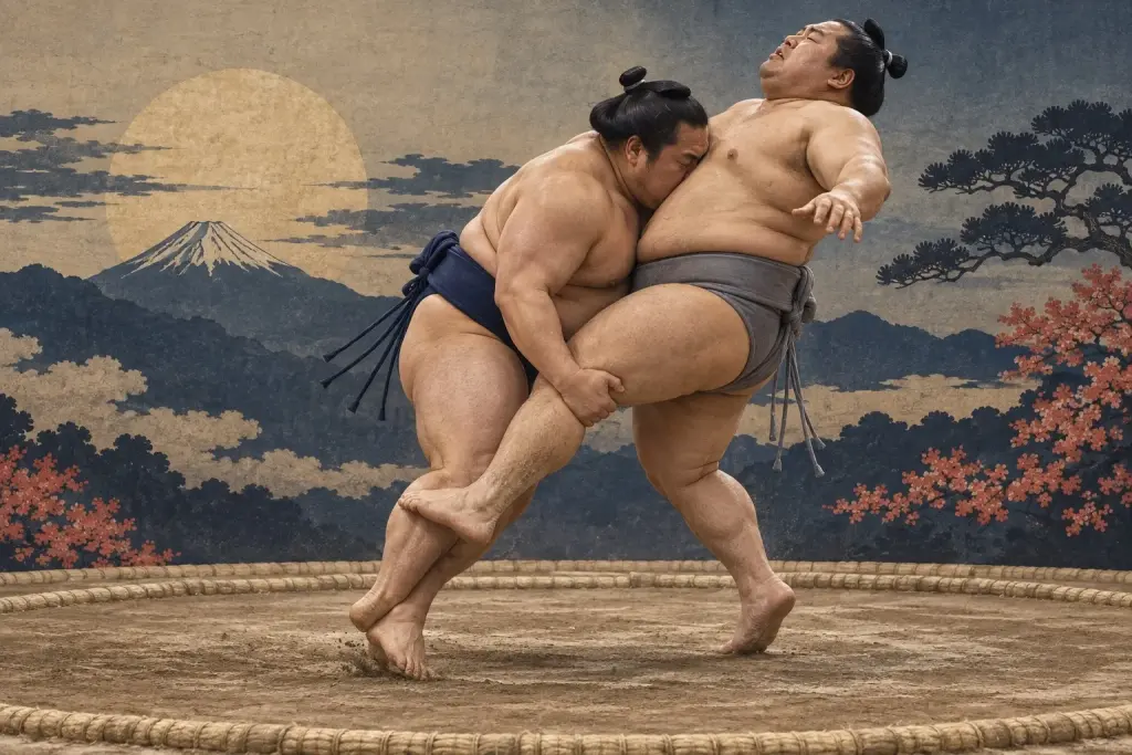 Two sumo wrestlers demonstrate Mitokorozeme, as one leg is hooked, the other is scooped, and the head drives the torso simultaneously