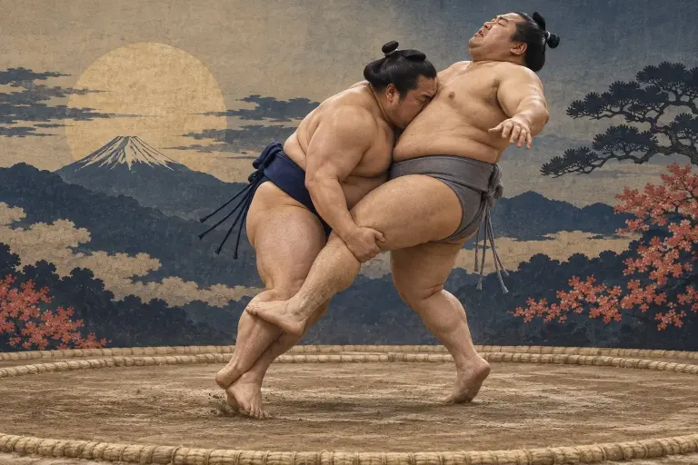 Two sumo wrestlers demonstrate Mitokorozeme, as one leg is hooked, the other is scooped, and the head drives the torso simultaneously