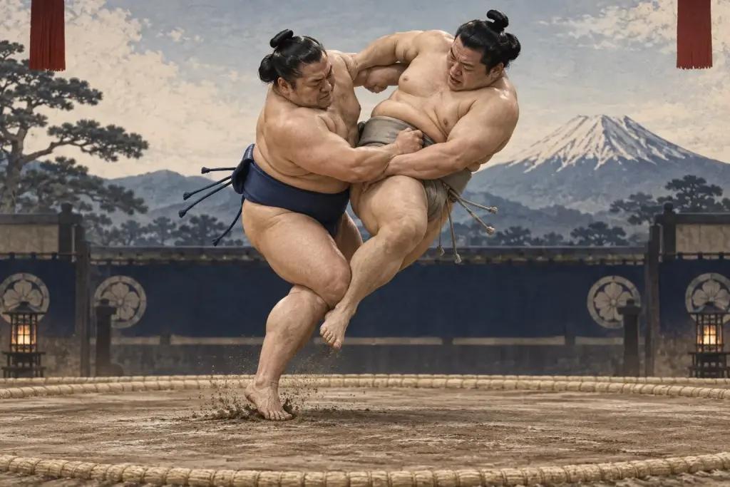 Two sumo wrestlers demonstrate Nichōnage, as an outside knee hook removes the base while the upper body is pulled into the throw