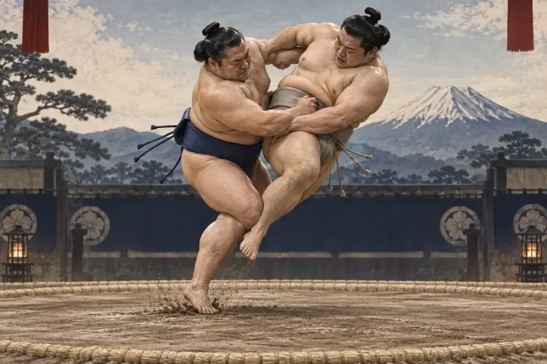 Two sumo wrestlers demonstrate Nichōnage, as an outside knee hook removes the base while the upper body is pulled into the throw