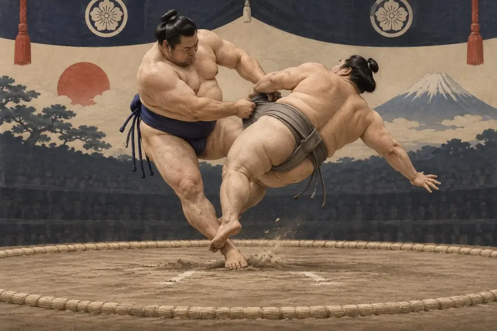 Two sumo wrestlers demonstrate Nimaigeri, as the upper body is elevated before a cross-body kick removes the outer ankle
