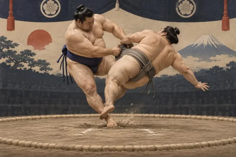 Two sumo wrestlers demonstrate Nimaigeri, as the upper body is elevated before a cross-body kick removes the outer ankle