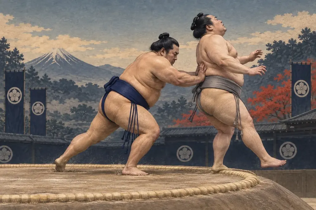 Two sumo wrestlers demonstrate Okuridashi, as the decisive pressure comes from behind and ends with an upright boundary exit