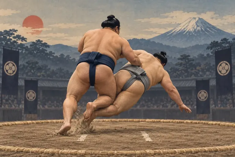 Two sumo wrestlers demonstrate Okurigake, as a visible leg hook supplies the decisive trip while the attacker controls from the rear