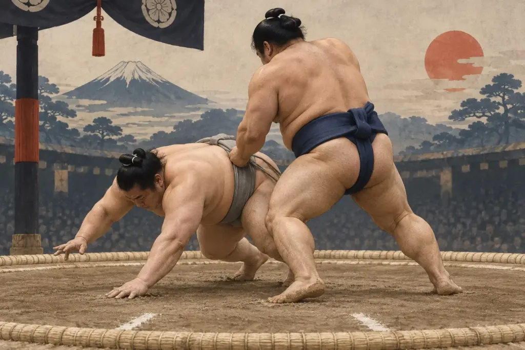Two sumo wrestlers demonstrate Okurihikiotoshi, as the rear attacker draws backward or downward rather than pushing or throwing