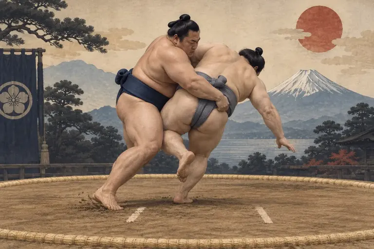 Two sumo wrestlers demonstrate Okurinage, as the winner is clearly behind when a rotational throwing action begins