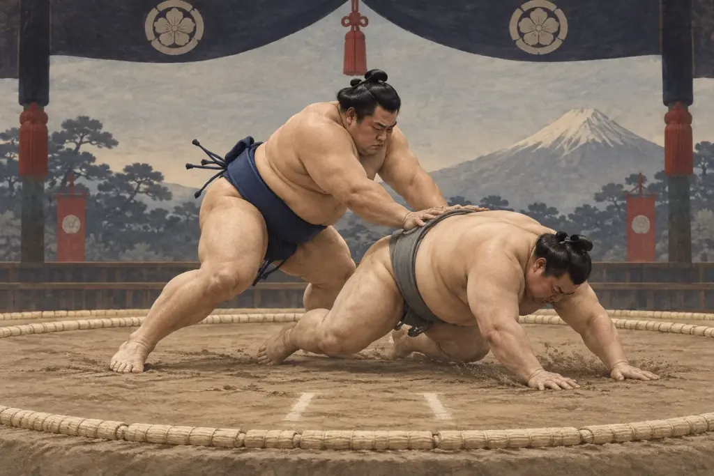 Two sumo wrestlers demonstrate Okuritaoshi, as rear pressure ends in a fall rather than an upright step outside