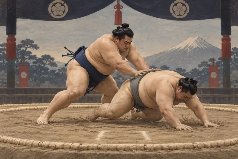 Two sumo wrestlers demonstrate Okuritaoshi, as rear pressure ends in a fall rather than an upright step outside