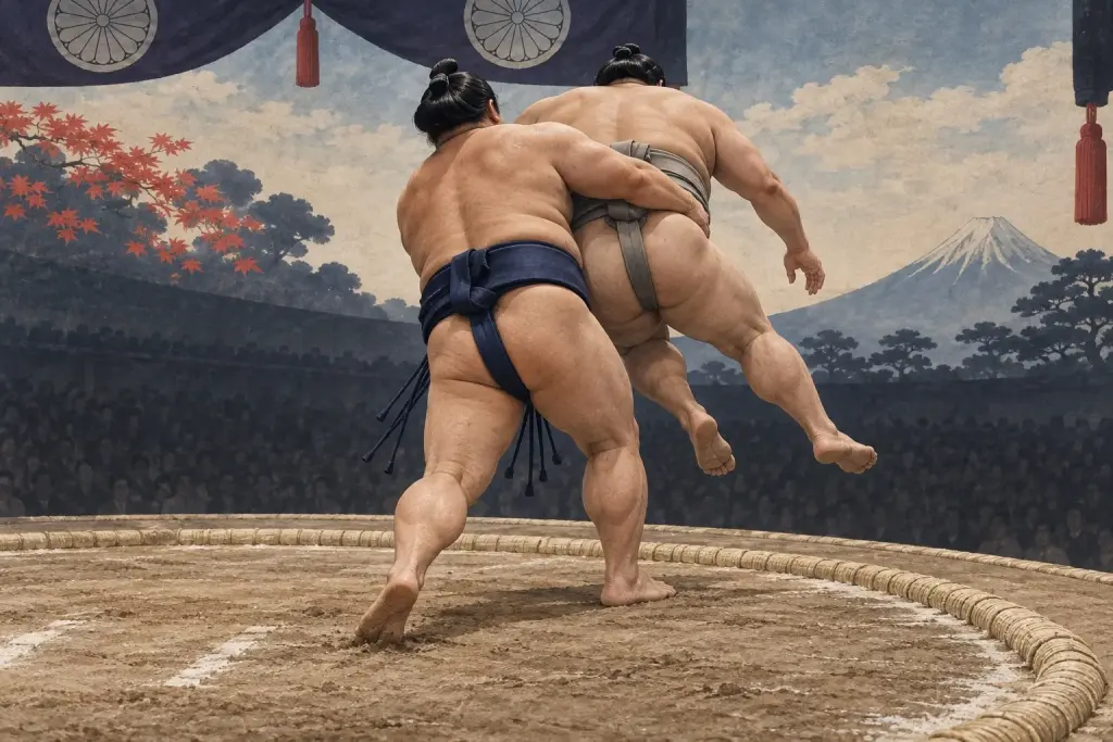 Two sumo wrestlers demonstrate Okuritsuridashi, as the attacker is behind the opponent when the lift and carry begin