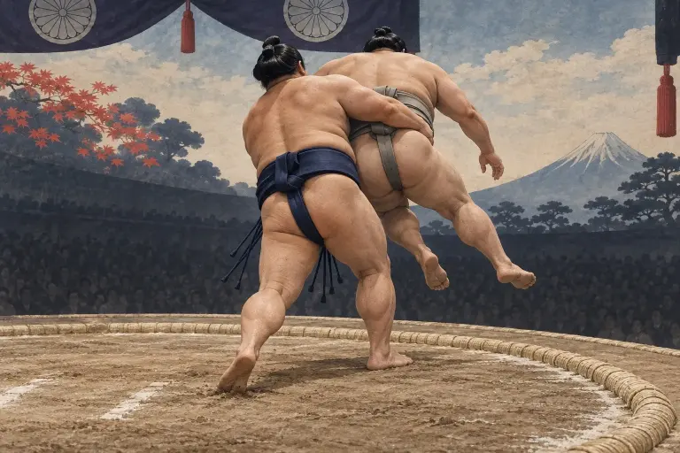 Two sumo wrestlers demonstrate Okuritsuridashi, as the attacker is behind the opponent when the lift and carry begin