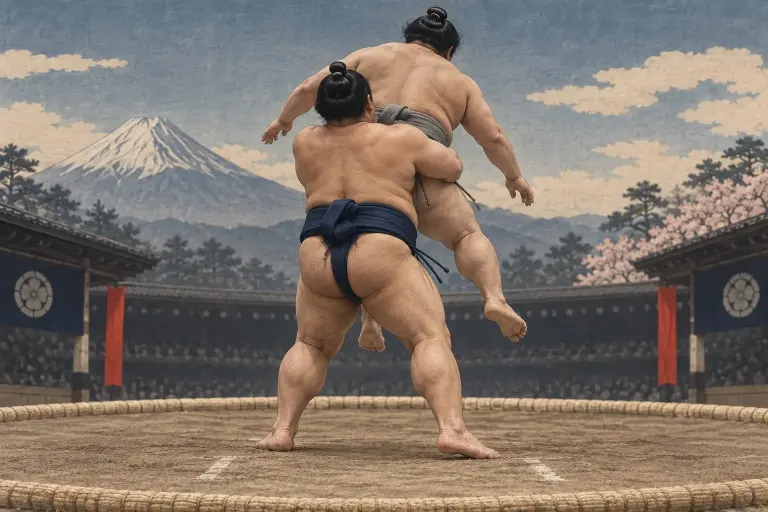 Two sumo wrestlers demonstrate Okuritsuriotoshi, as the rear position is maintained through the lift before the opponent is set down or dropped