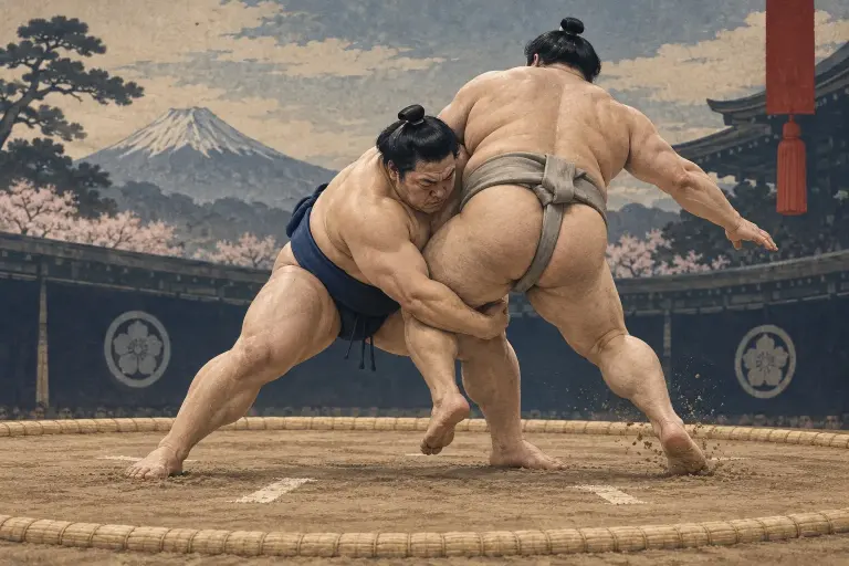 Two sumo wrestlers demonstrate Ōmata, as the hand switches past the near leg to lift the opponent’s distant inner thigh