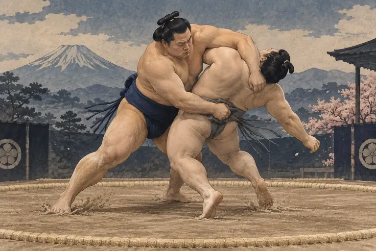 Two sumo wrestlers demonstrate Ōsakate, as the gripping shoulder reaches deeply across the opponent before the throw turns toward that arm