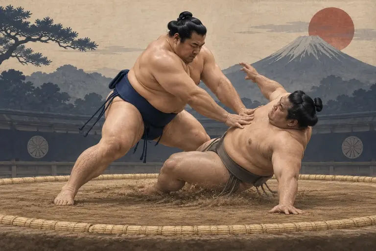 Two sumo wrestlers demonstrate Oshitaoshi, as open-hand pressure at the torso ends in a fall