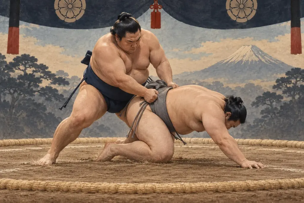 Two sumo wrestlers demonstrate Sabaori, as the belt or waist is cinched inward as heavy downward pressure folds the lower body