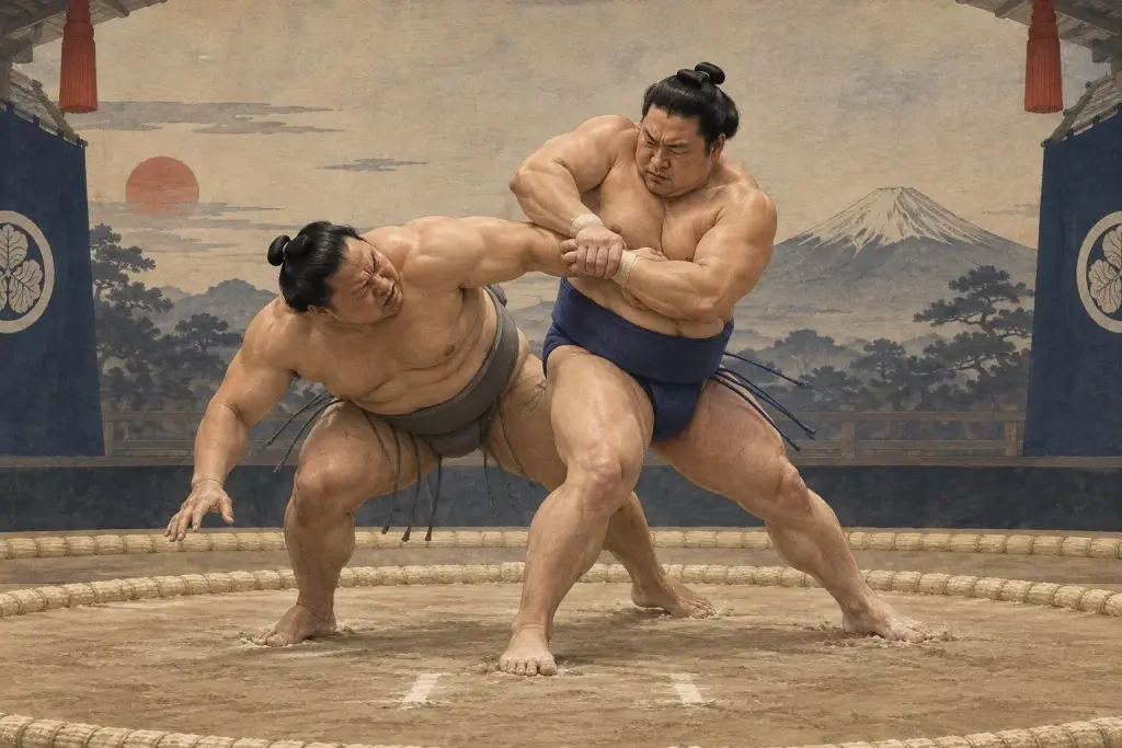 Two sumo wrestlers demonstrate Sakatottari, as the captured wrestler rotates into the hold and uses the attempted arm bar against the attacker