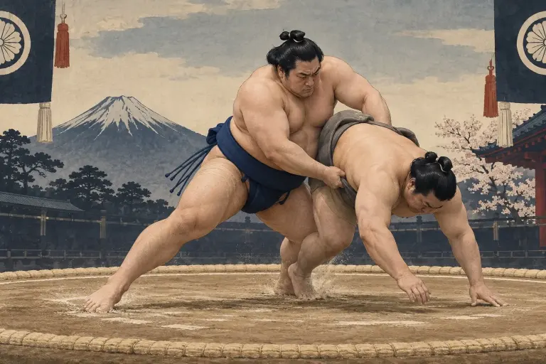 Two sumo wrestlers demonstrate Shitatedashinage, as the inside belt grip draws forward while the attacker clears the opposite foot