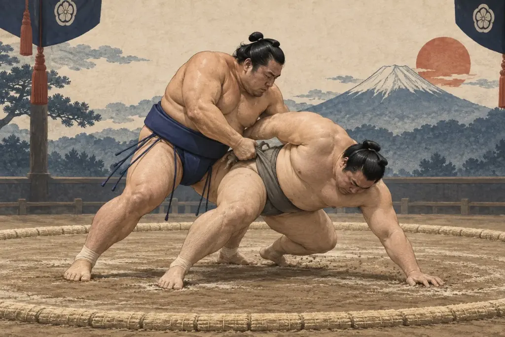 Two sumo wrestlers demonstrate Shitatehineri, as the inside belt hand tightens and turns the opponent into the floor