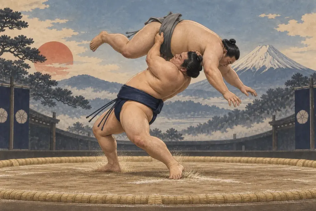Two sumo wrestlers demonstrate Shumokuzori, as the opponent is visibly loaded across the attacker’s shoulder before the backward fall