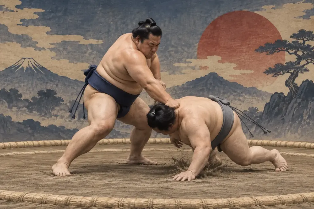 Two sumo wrestlers demonstrate Sokubiotoshi, as a compact downward forearm action lands high at the neck rather than across the whole upper back