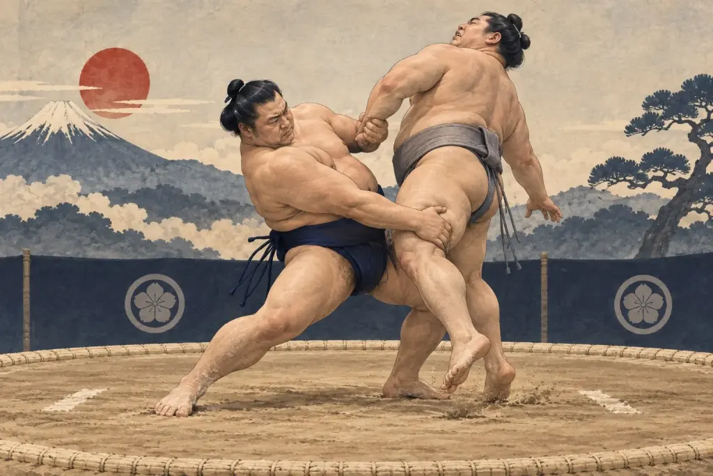 Two sumo wrestlers demonstrate Soto-tasuki-zori, as the thigh hand comes from outside and above while the other hand controls the arm