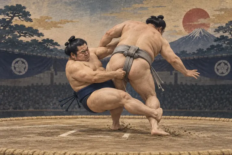 Two sumo wrestlers demonstrate Sotogake, as the attacking leg wraps outside the opponent’s leg and removes it from behind