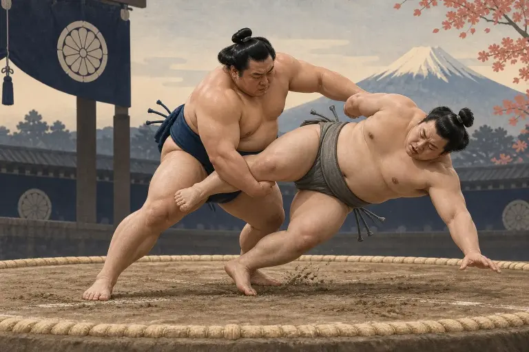 Two sumo wrestlers demonstrate Sotokomata, as the hand reaches around the outside of the forward thigh as the upper body continues to turn