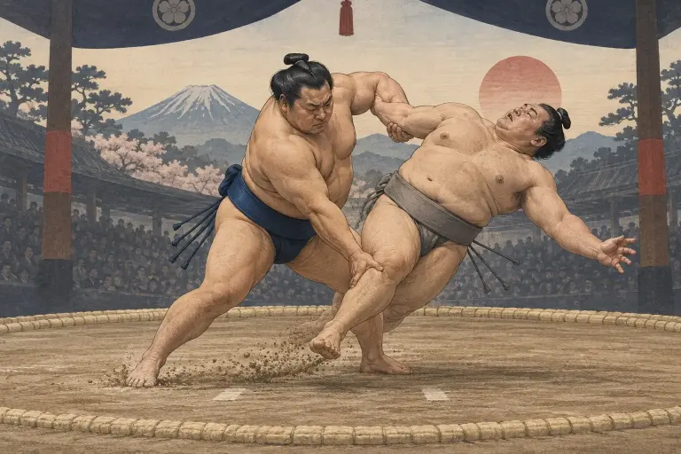 Two sumo wrestlers demonstrate Sotomusō, as one hand brushes or strikes the outer knee while the other controls the arm