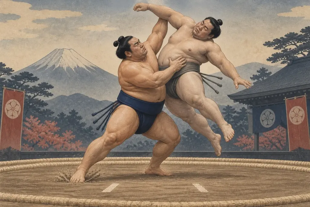 Two sumo wrestlers demonstrate Sukuinage, as the lifting inside arm, not a belt grip, supplies the decisive leverage