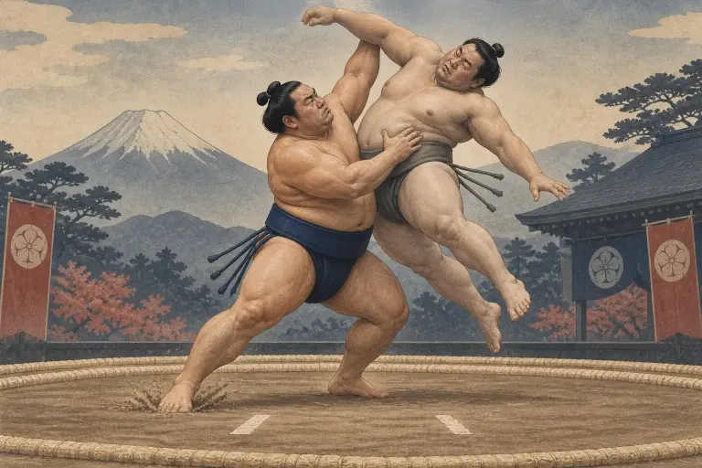 Two sumo wrestlers demonstrate Sukuinage, as the lifting inside arm, not a belt grip, supplies the decisive leverage
