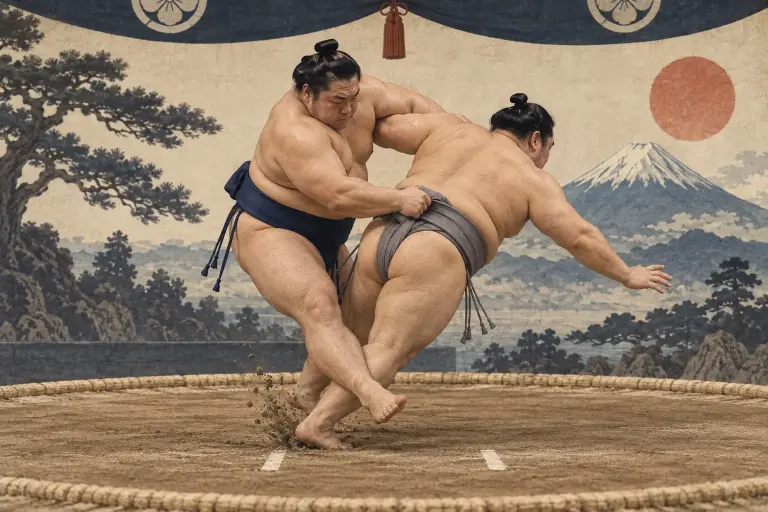 Two sumo wrestlers demonstrate Susoharai, as the attacking foot clears the rear of the forward leg while upper-body control continues