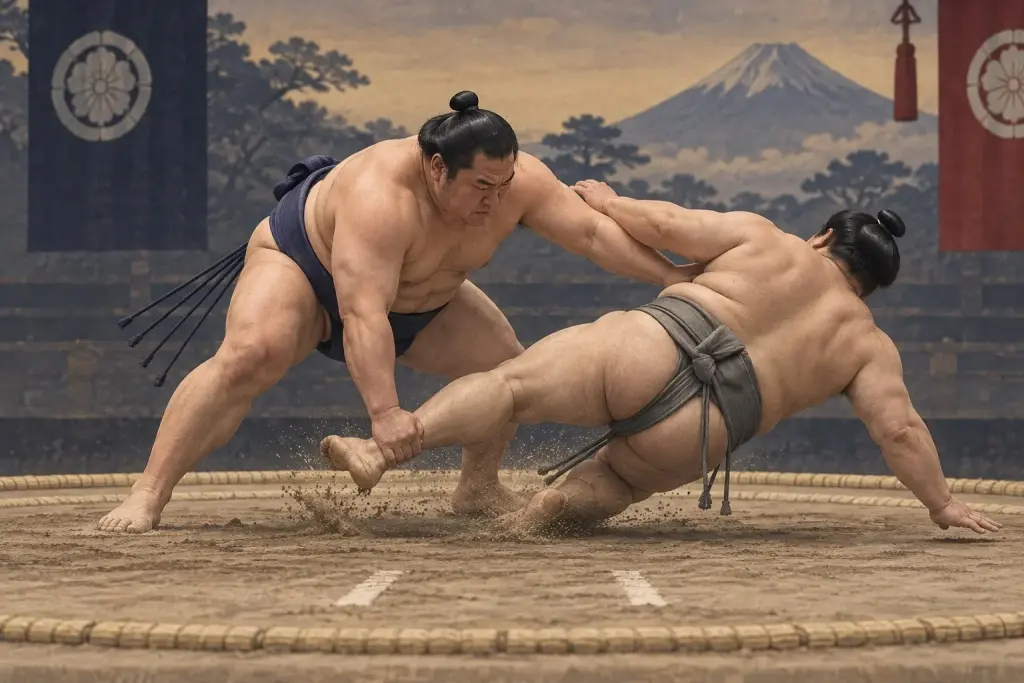 Two sumo wrestlers demonstrate Susotori, as the hand takes the outer ankle during a counter to a throwing action