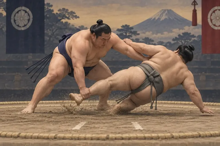 Two sumo wrestlers demonstrate Susotori, as the hand takes the outer ankle during a counter to a throwing action