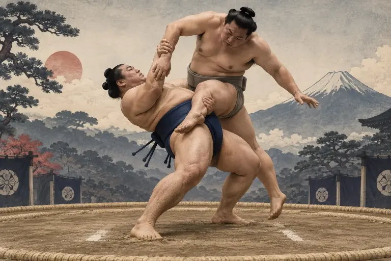 Two sumo wrestlers demonstrate Tasuki-zori, as one hand fixes the arm while the other lifts the inner leg across the attacker’s body
