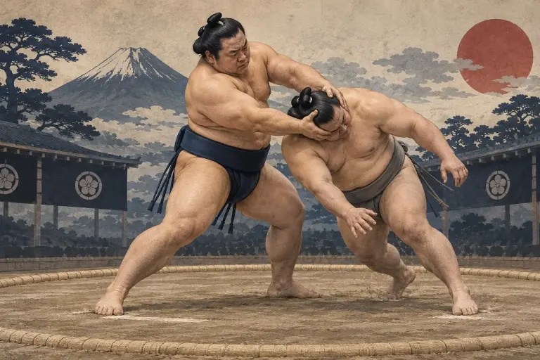 Two sumo wrestlers demonstrate Tokkurinage, as the head is held between separated hands as the body turns sideways