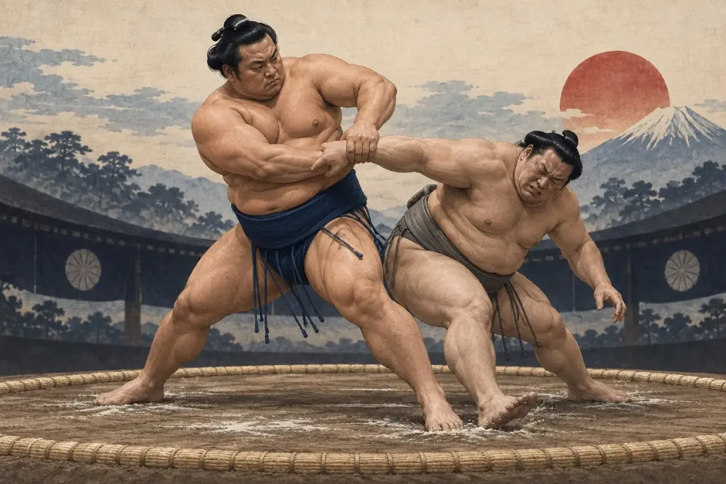 Two sumo wrestlers demonstrate Tottari, as two hands fix one arm and draw it across the turning attacker