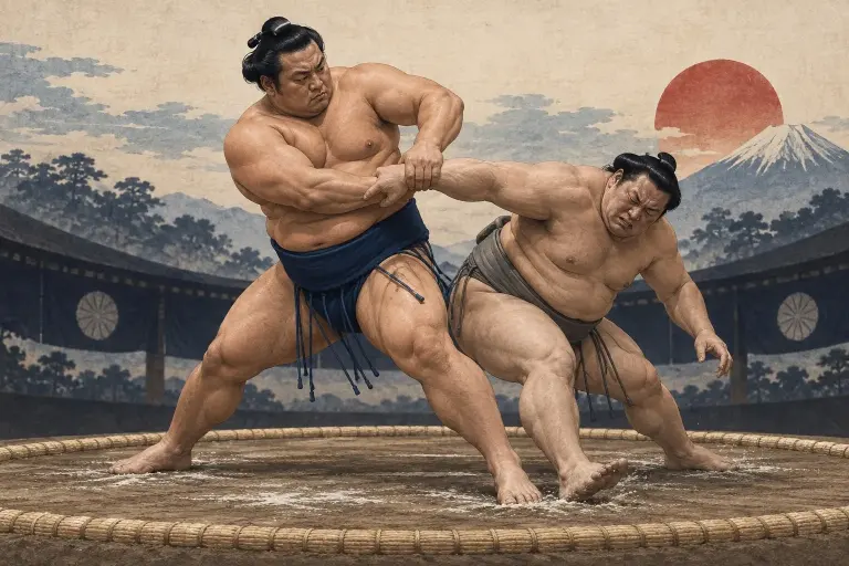 Two sumo wrestlers demonstrate Tottari, as two hands fix one arm and draw it across the turning attacker