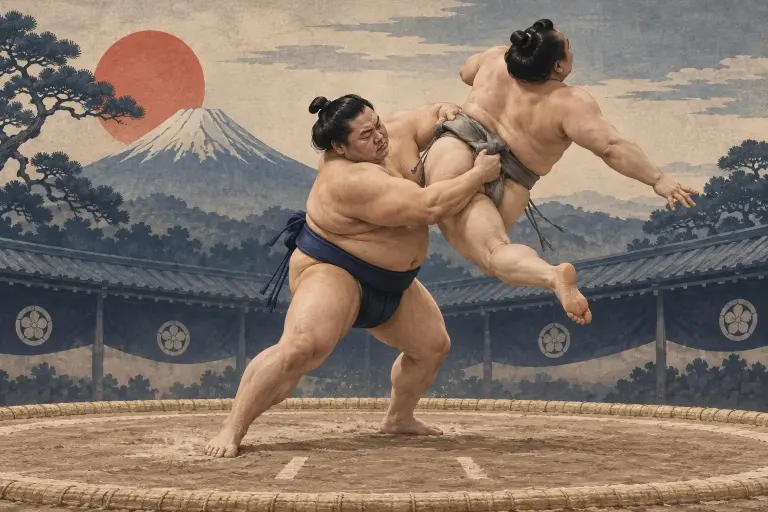 Two sumo wrestlers demonstrate Tsukaminage, as the opponent is clearly airborne before being cast behind the overarm grip