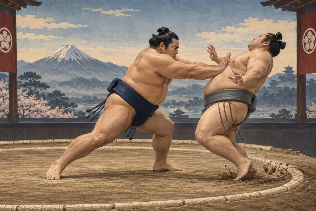 Two sumo wrestlers demonstrate Tsukidashi, as strong palm thrusts land in rhythm with sharp forward steps